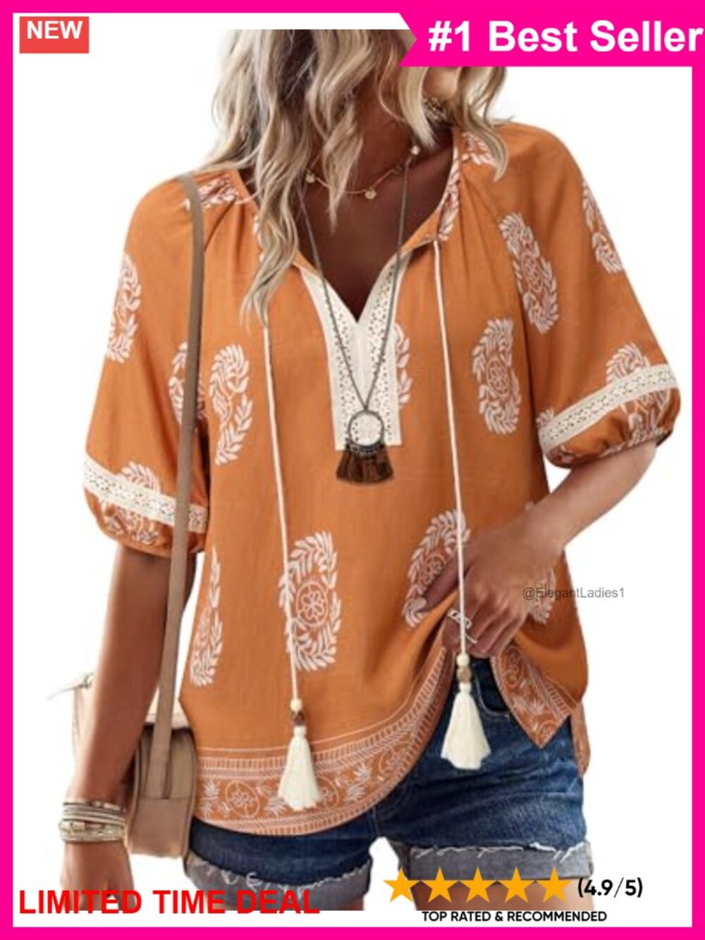 Womens Boho V Neck Tie Front Blouse Half Sleeve Rayon Nylon Flowy Top